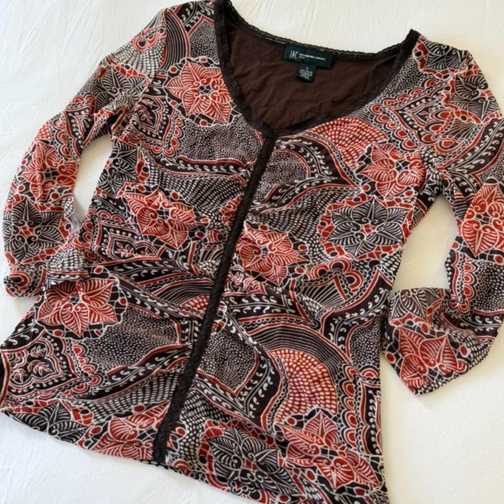 INC International Concepts Brown Paisley Lace Trim Long Sleeve Top Petite Medium